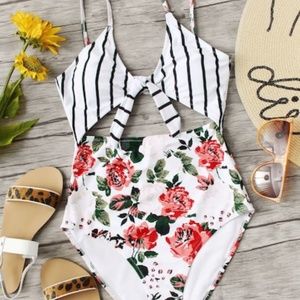Floral and striped tie front one piece swimsuit